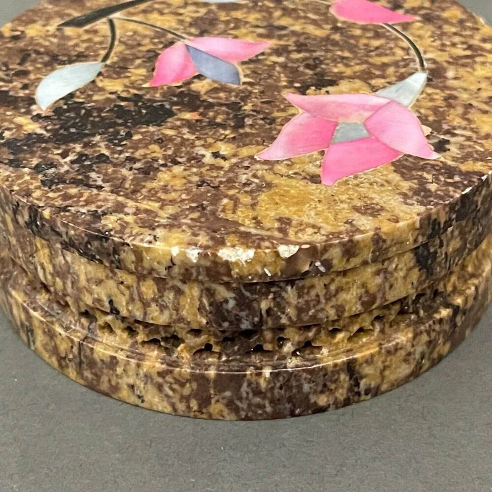 Round Marble Stone‎ Floral Flowers Trinket Jewelry Box